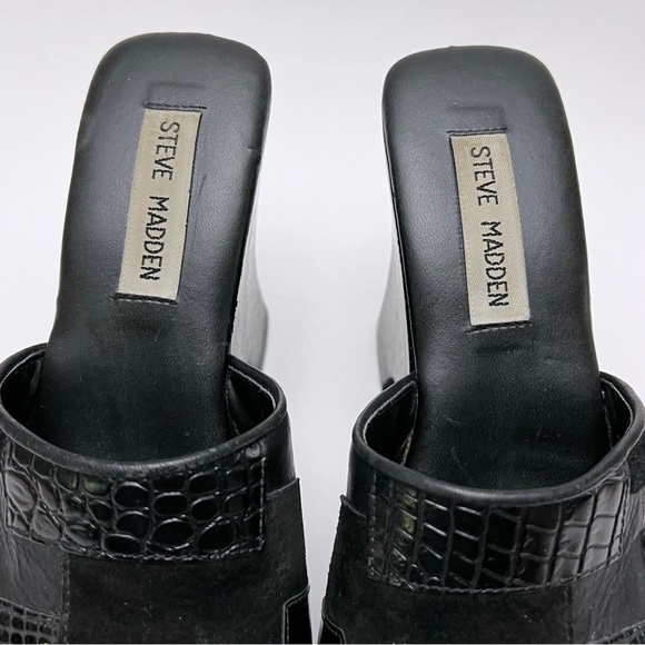 Vintage 90s Y2K Steve Madden Black Patchwork Leather Wood Platform Sandals - Picture 5 of 11